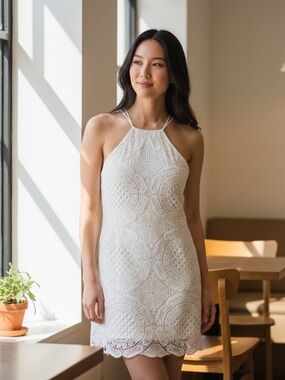 Style Stalker Elegant White Lace Halter Lined Mini Dress Women’s M